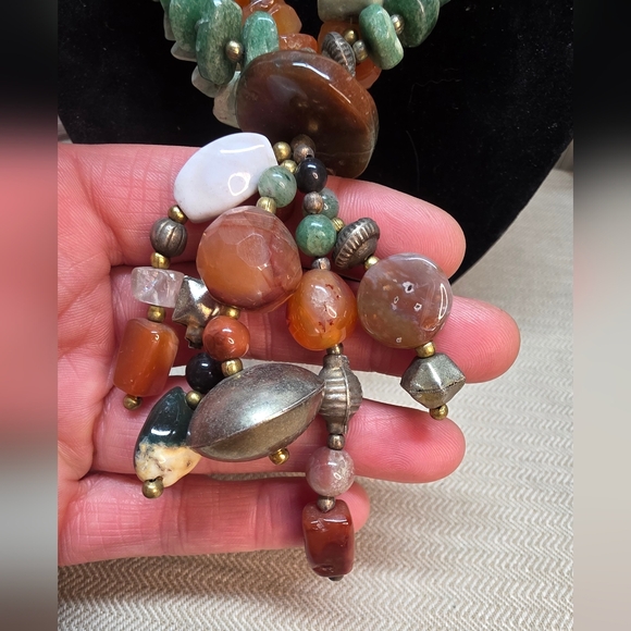 STONE Chunky Statement Necklace. Ocean Jasper, Carnelian Green Adventurine VTG - Picture 4 of 12